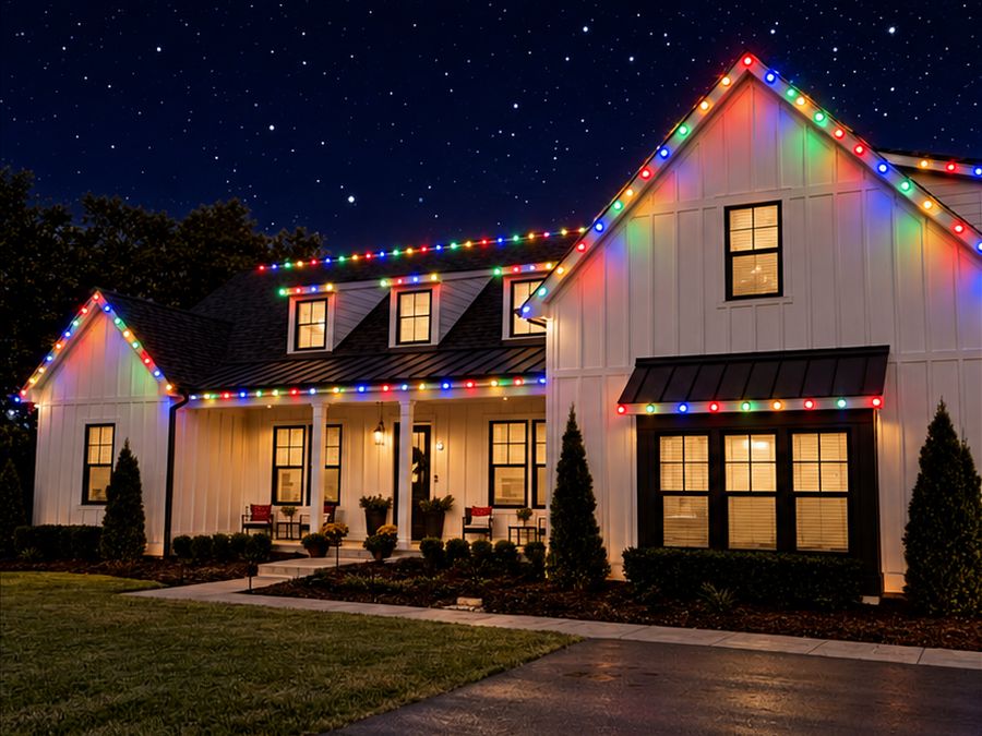White farmhouse with multicolor Christmas lights on the gables and porch