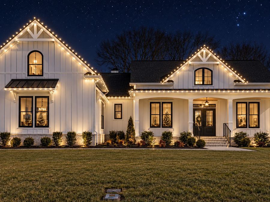 White farmhouse with warm white Christmas lights along every roofline